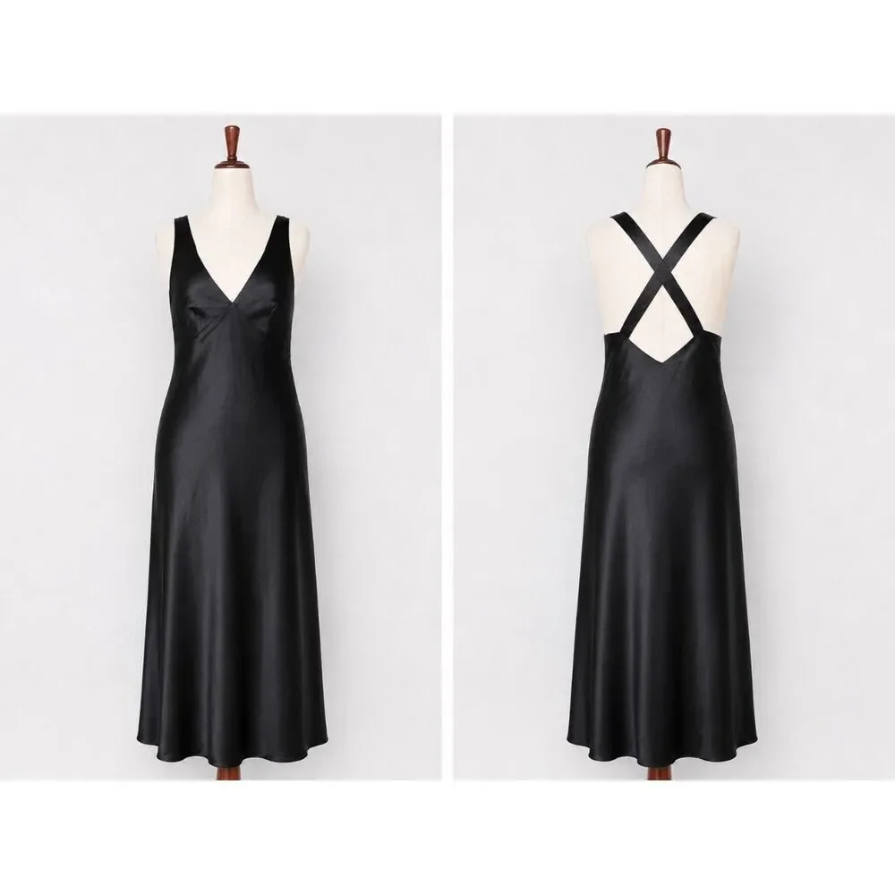 Vintage Judith Hart Black Satin Slip Dress 3X Cross Back Bias Cut Maxi Y2K